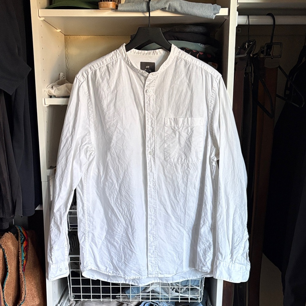 H&M Men's Button-Up White Band Collar Shirt